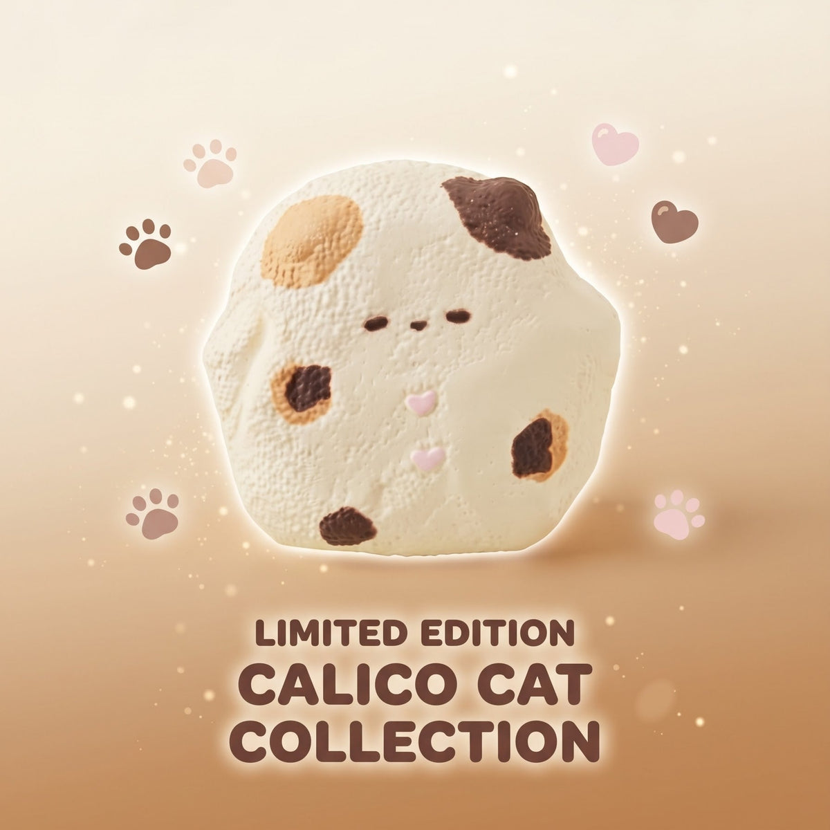 A cute, fluffy white plush toy shaped like a calico cat, featuring brown and beige patches and a small embroidered face. The toy is centered on a warm beige gradient background decorated with paw prints, hearts, and light bokeh.