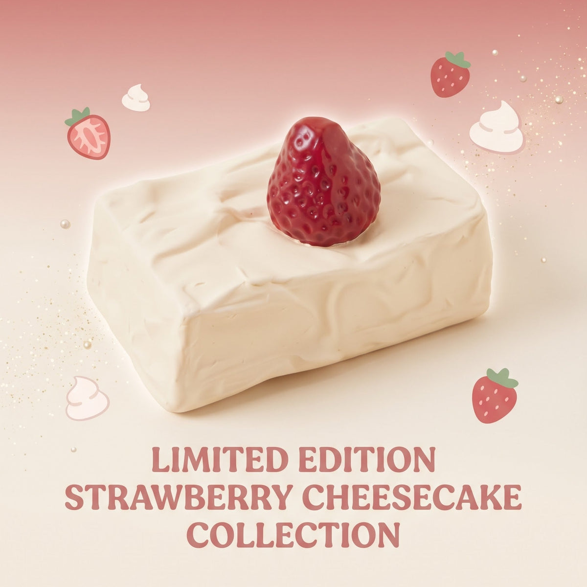A single strawberry cheesecake slice is centered on a soft pink and cream background with small strawberry and whipped-coffee doodles around it. Text at the bottom reads 'LIMITED EDITION STRAWBERRY CHEESECAKE COLLECTION'.