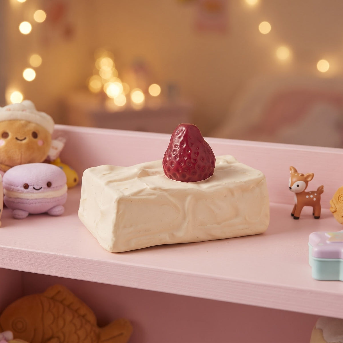 A cute, pastel-themed miniature display featuring a cream-colored cake with a red strawberry on top, surrounded by small plush toys, a boba tea cup, a macaron, and fish-shaped accessories on a pink shelf against a warm, blurred background with string lights.