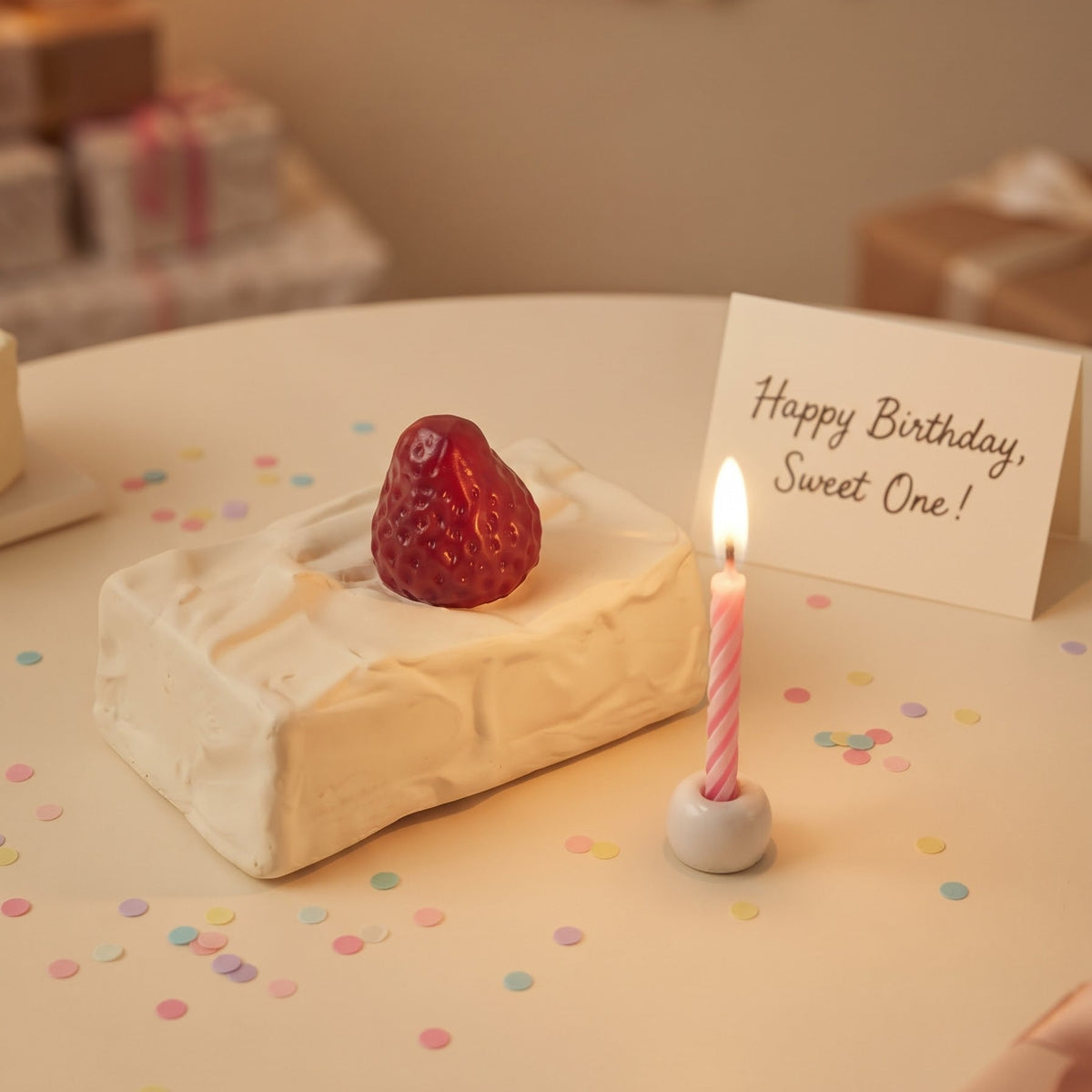 A small white cake topped with a red strawberry sits on a table beside a lit pink-and-white candle and a card that reads 'Happy Birthday, Sweet One!' with confetti scattered around.