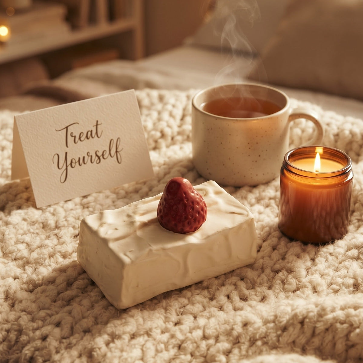 A cozy bedroom scene with a chunky knit blanket, a steaming mug, a lit amber candle, and a small card that reads 'Treat Yourself.' In the foreground is a rectangular cream-colored item topped with a strawberry, suggesting a gift treat or dessert presentation in a real home environment.