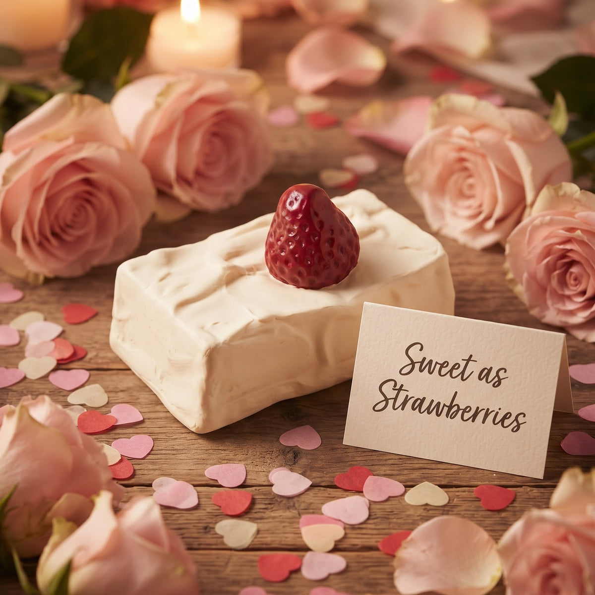 A rectangular white cake or pastry topped with a single strawberry, arranged on a wooden surface with pink roses, heart-shaped confetti, candles, and a small card that reads 'Sweet as Strawberries'.