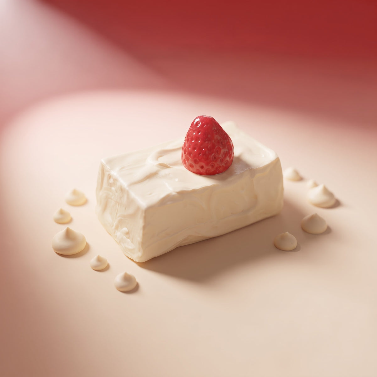 A rectangular white dessert or cheese-like block topped with a whole strawberry, styled on a soft pink surface with small cream dollops around it.