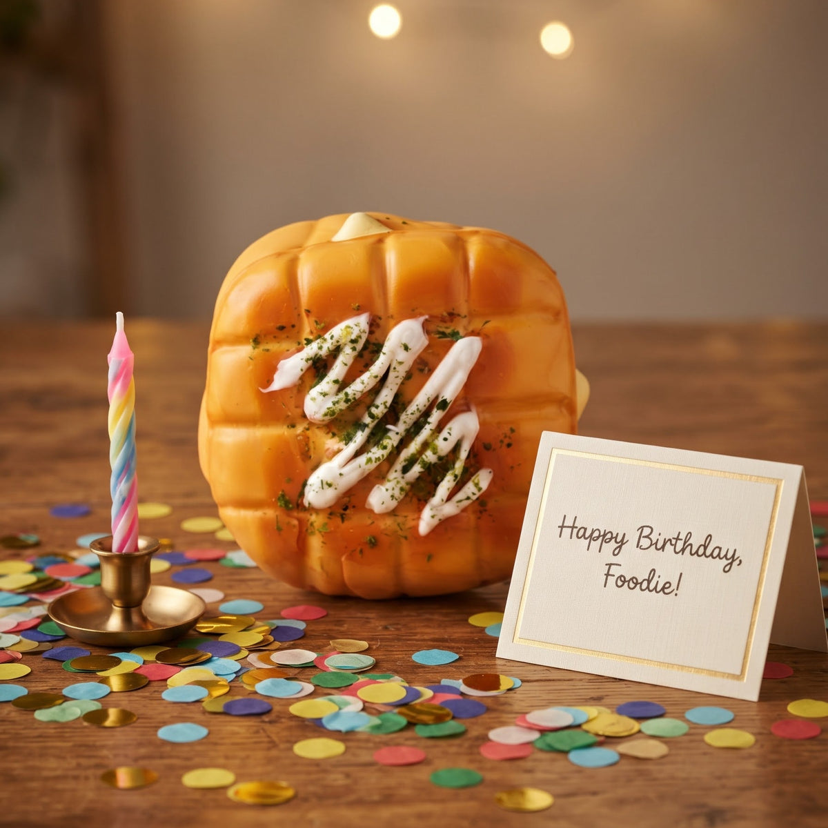 A novelty garlic bread bread loaf styled as a pumpkin, decorated with white drizzle and green herbs, sitting on a wooden table with a candle, confetti, and a 'Happy Birthday, Foodie!' card.