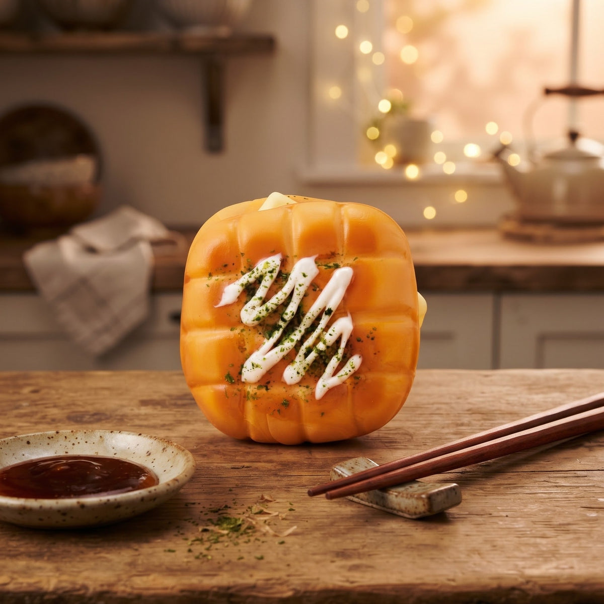 A small orange pumpkin carved into a ribbed vase shape, filled with orange-colored contents and topped with white drizzle sauce and green seasoning, set on a rustic wooden table with chopsticks and a dipping sauce bowl in a warm, softly blurred kitchen background.