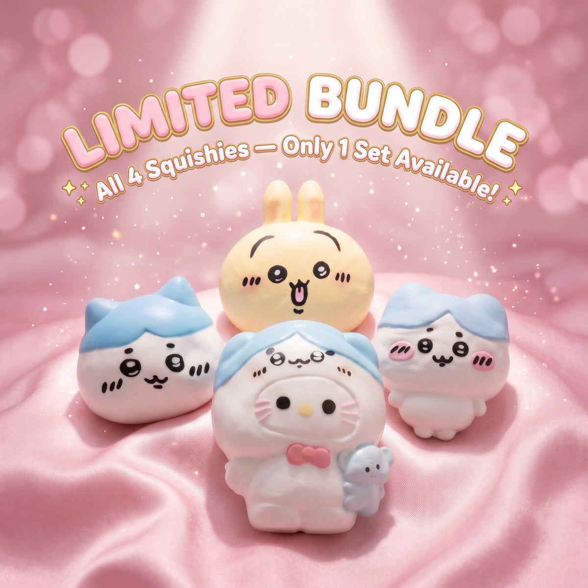 Four cute cartoon squishies arranged on pink satin with a 'LIMITED BUNDLE' text overlay at the top. The set includes a yellow bunny, a white cat with blue hair, a white cat with pink hair, and a white cat with a blue hat holding a small blue plush.