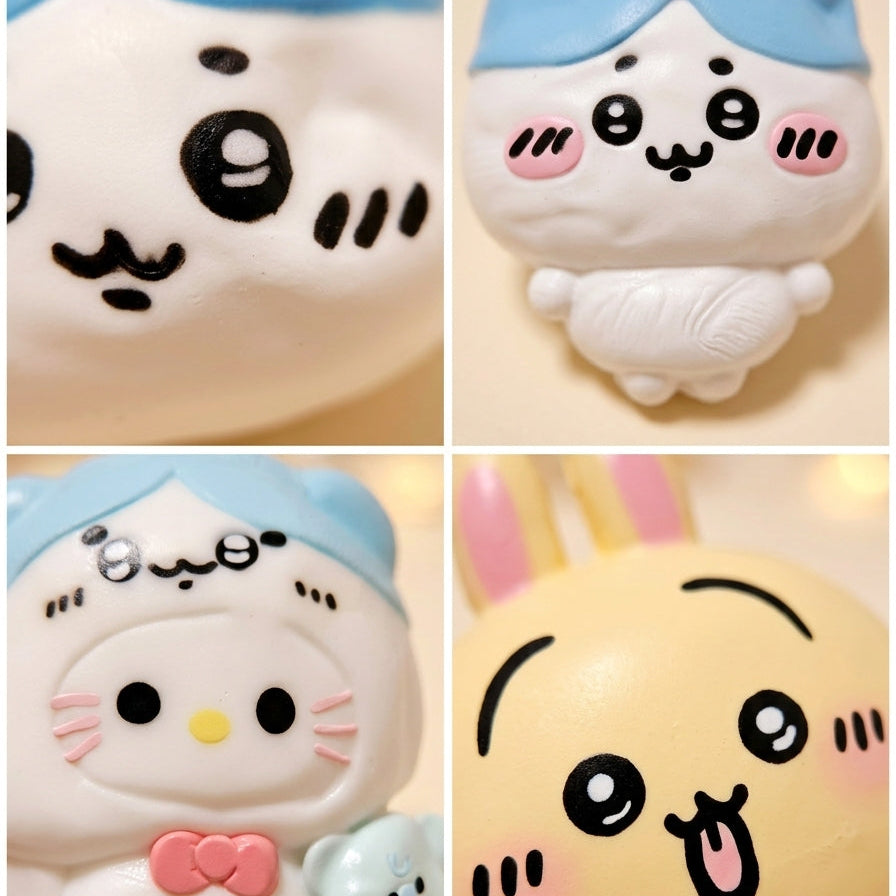 A 2x2 collage showing close-up views of two cute cartoon character figures. The top-left panel shows a white character with a blue hat and black facial features.