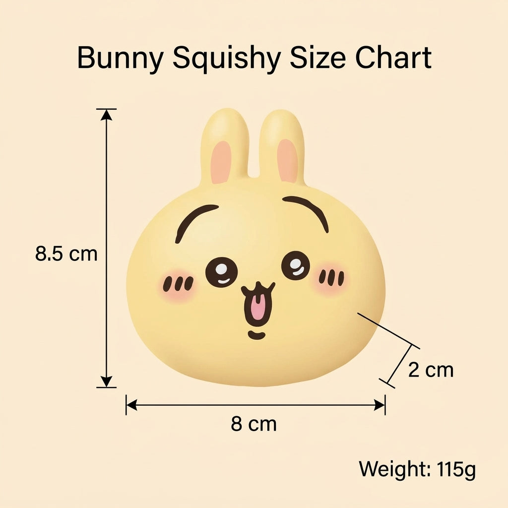 A size chart graphic for a bunny squishy toy, showing a cartoon rabbit head with dimensions labeled 8.5 cm tall, 8 cm wide, 2 cm deep, and weight 115g on a light beige background.