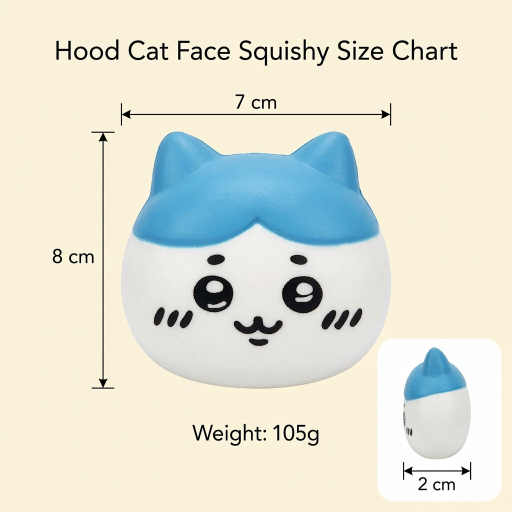 A product size chart for a hood cat face squishy toy, showing a white and blue rounded cat-face squishy with black facial features. The main view includes dimension markers of 8 cm height, 7 cm width, and a smaller inset showing the 2 cm depth.