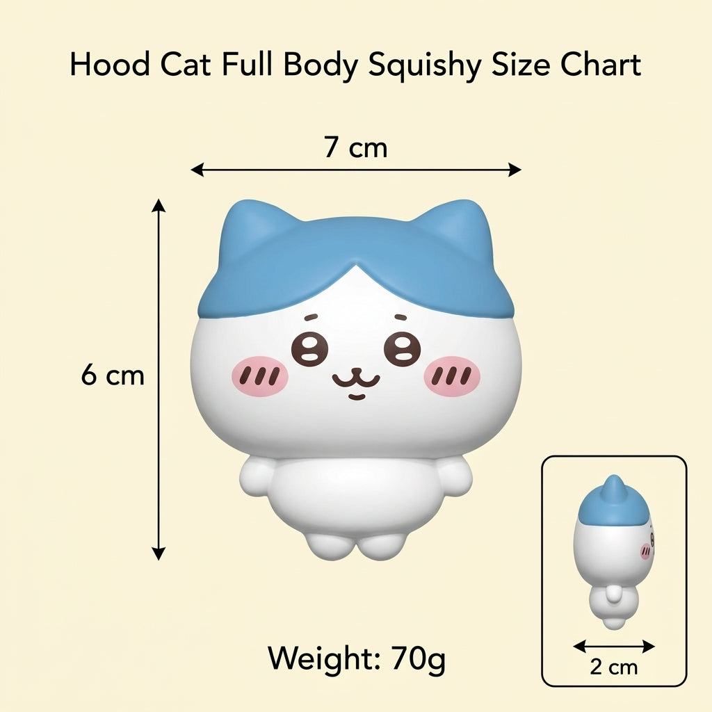 Hood Cat full-body size chart graphic on a pale beige background, showing a white and light blue cartoon cat figure with measurement arrows labeled 7 cm wide, 6 cm tall, and a small inset showing the figure from the side with a 2 cm width label. Text at top reads 'Hood Cat Full Body Squishy Size Chart' and weight is noted as 70g.