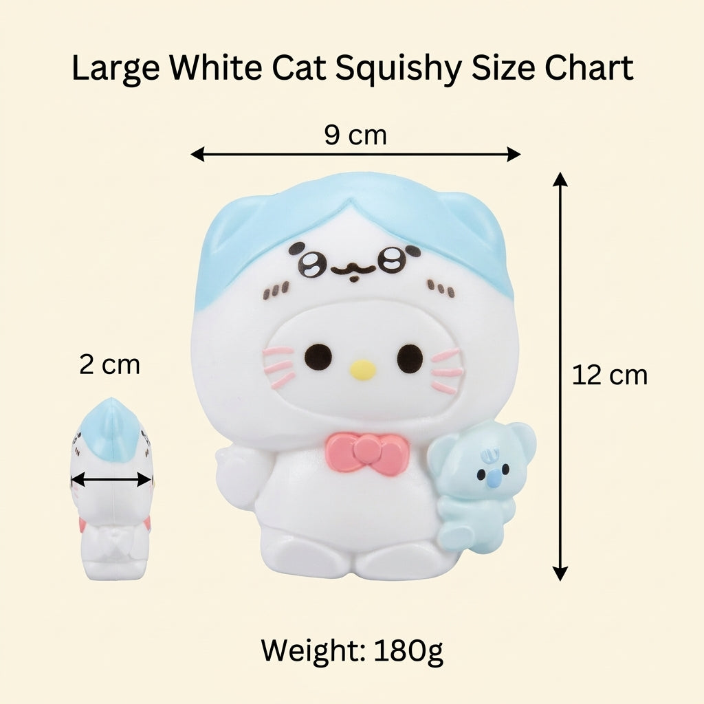 A size chart graphic for a large white cat squishy toy, showing the toy with dimension arrows labeled 9 cm wide, 12 cm tall, and a side view labeled 2 cm wide. Text at the top reads 'Large White Cat Squishy Size Chart' and 'Weight: 180g'.