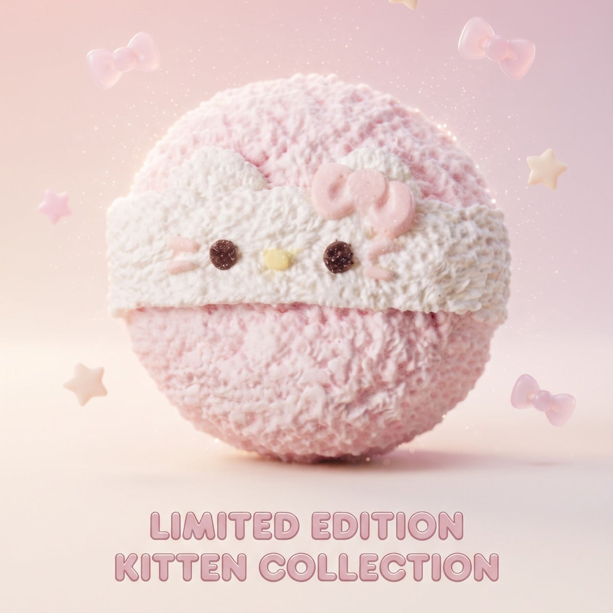 A round, textured pink plush toy with a white face band, small embroidered eyes, nose, and bow, centered on a soft pink background with floating stars and bows. Text at the bottom reads 'LIMITED EDITION KITTEN COLLECTION'.
