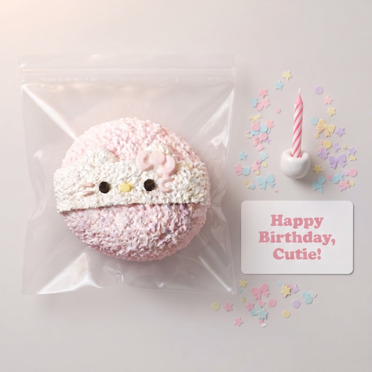 A pink Hello Kitty-themed squishy toy in a clear plastic bag, displayed next to a small card that reads 'Happy Birthday, Cutie!' and a candle on a pastel confetti background.