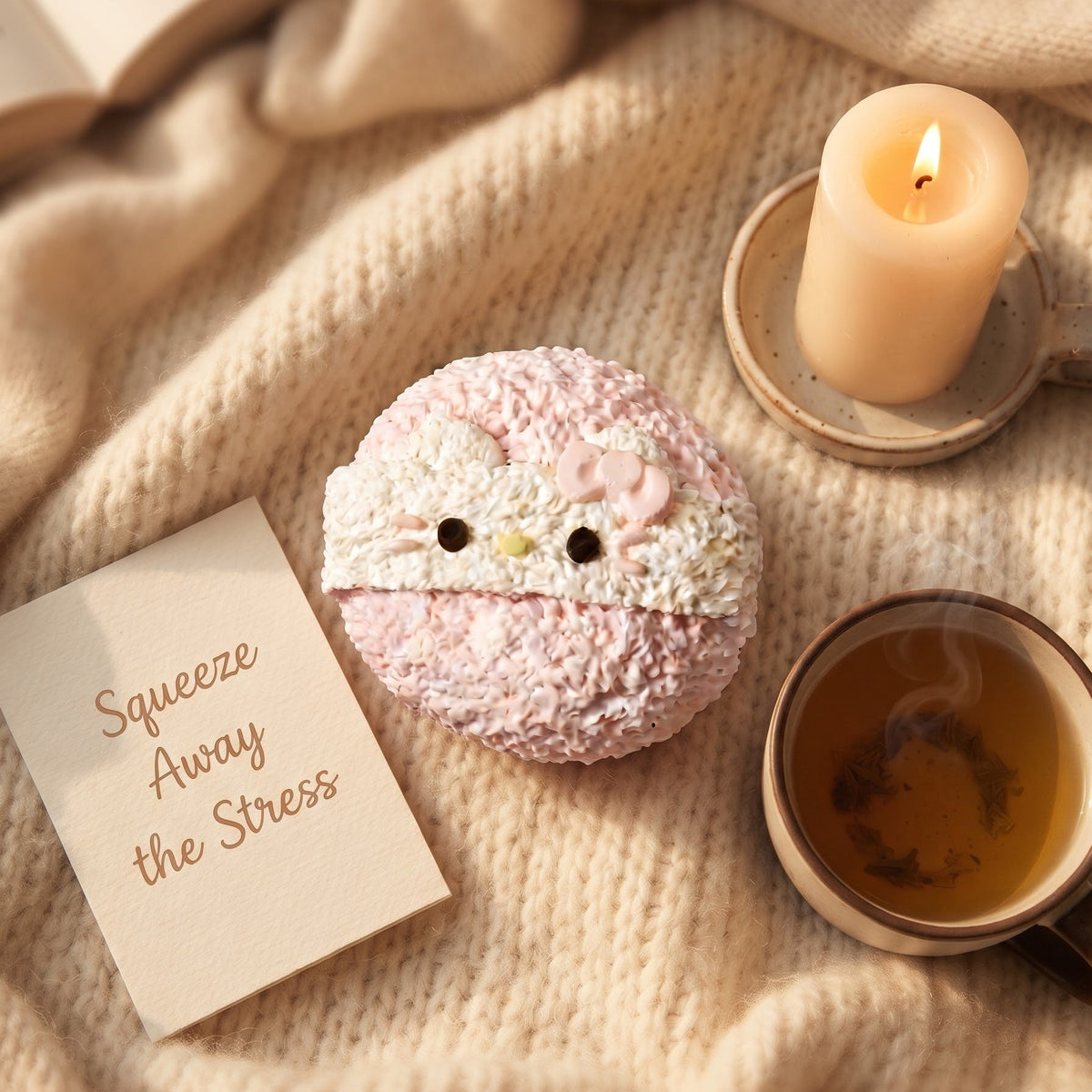 A pink and white textured stress ball with a cute face sits on a cozy beige knit blanket, surrounded by a lit candle, a cup of tea, and a card that reads 'Squeeze Away the Stress'.