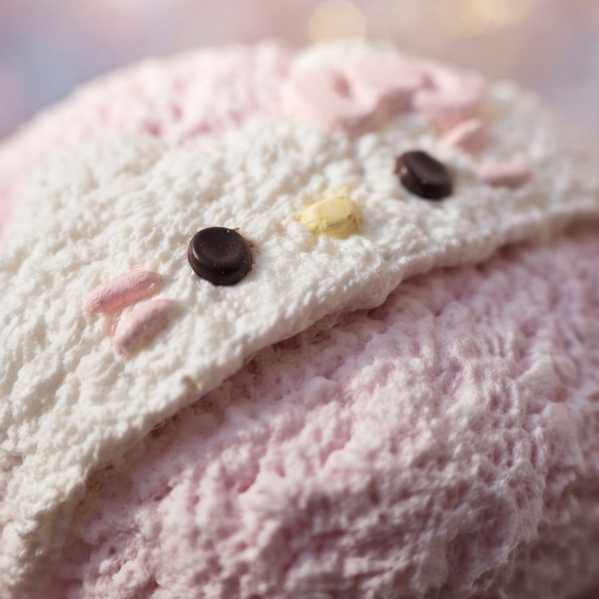 A close-up of a pink and white textured plush toy or cushion with embroidered facial details, photographed against a soft pastel bokeh background.