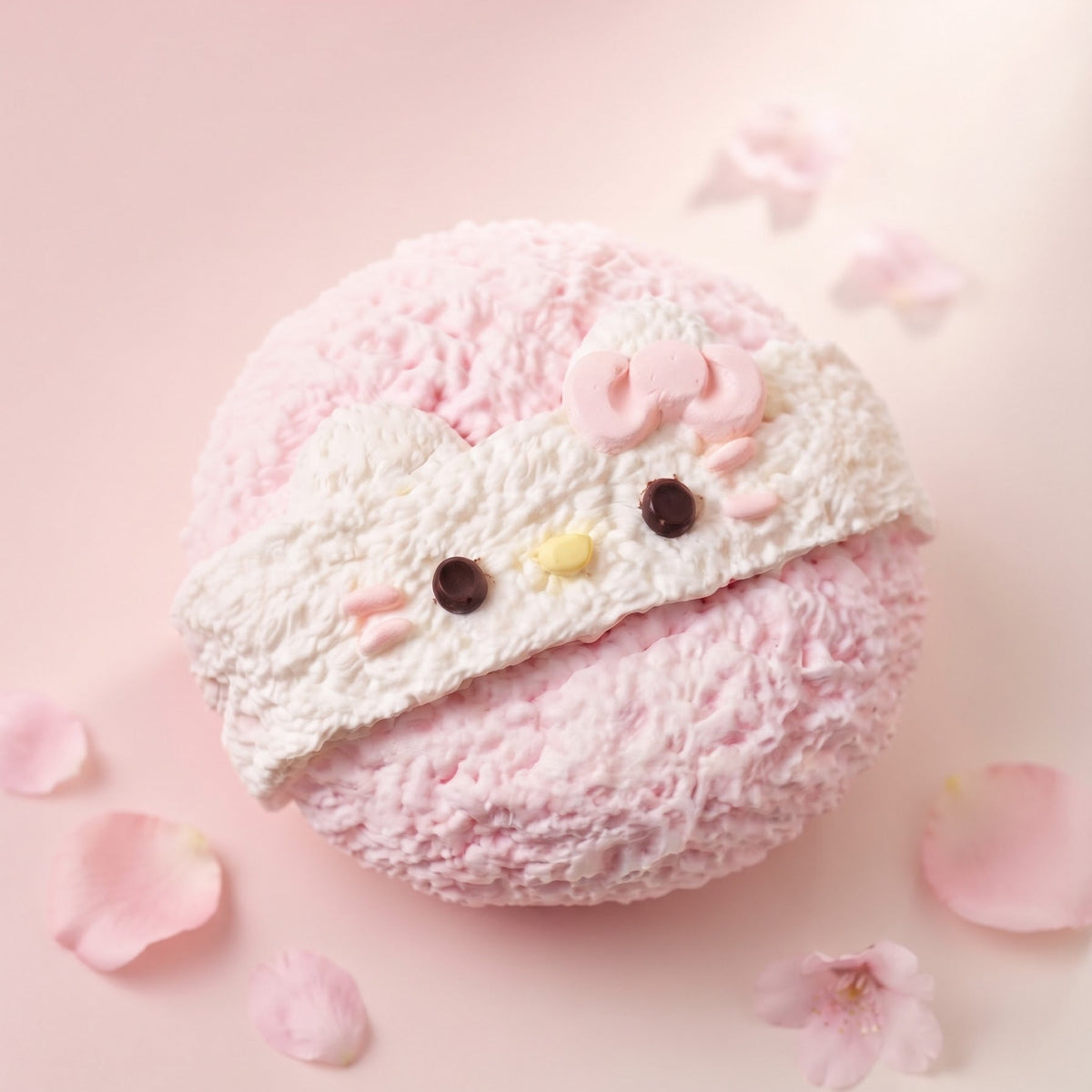 A round, plush pink item with a white textured band across the top, decorated with a small Hello Kitty-style face, bow, and nose. The product is photographed on a soft pink background with scattered pink flower petals.