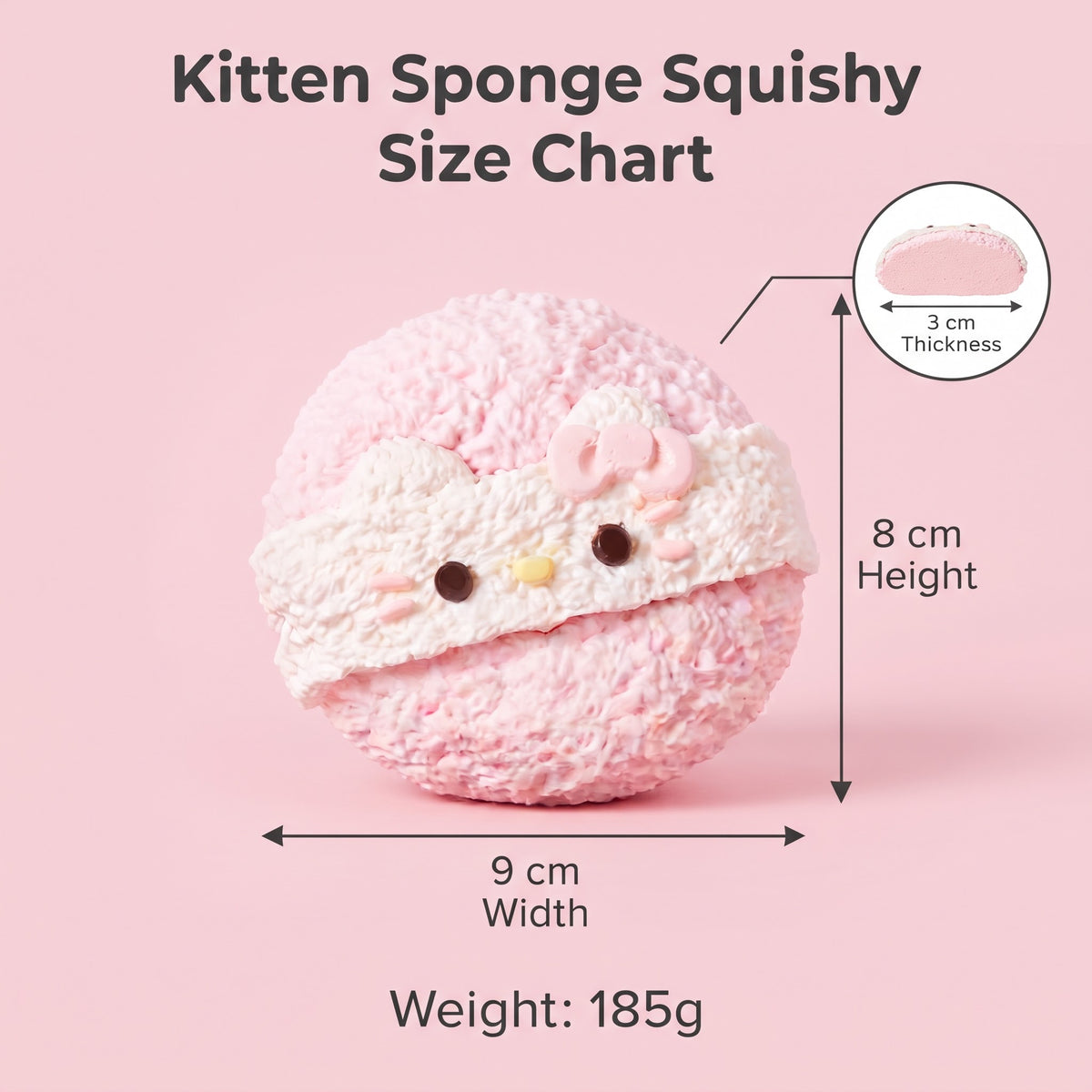 Pink kitten-shaped sponge squishy with a white face band and bow, shown on a light pink background with size measurements: 9 cm width, 8 cm height, and weight 185g.