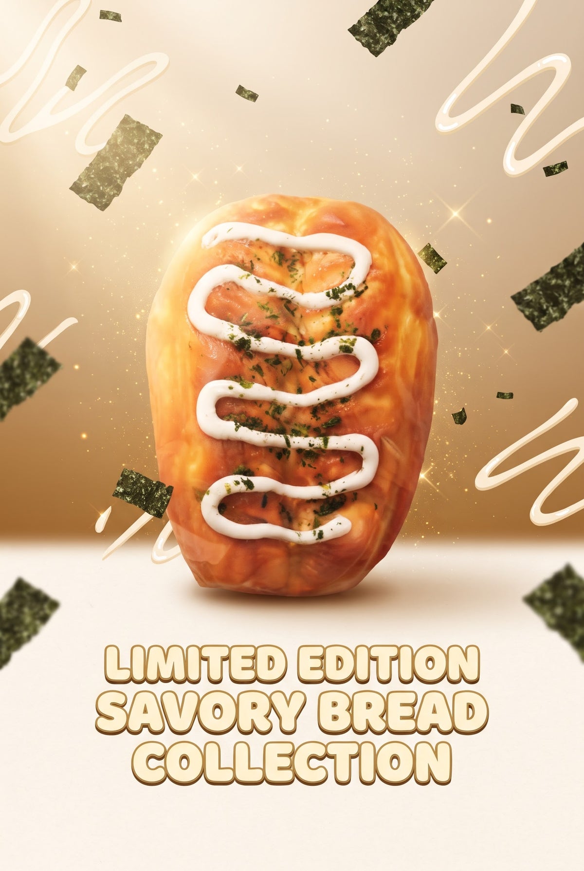 A single glazed savory bread loaf centered on a warm beige background with decorative seaweed flakes and the text 'LIMITED EDITION SAVORY BREAD COLLECTION' below it.