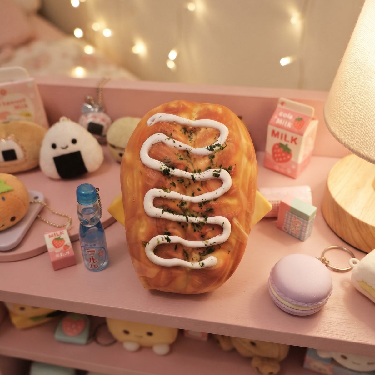 A plush toy shaped like a toasted sandwich with white sauce and green herb garnish, displayed on a pink shelf among cute pastel accessories and string lights in the background.