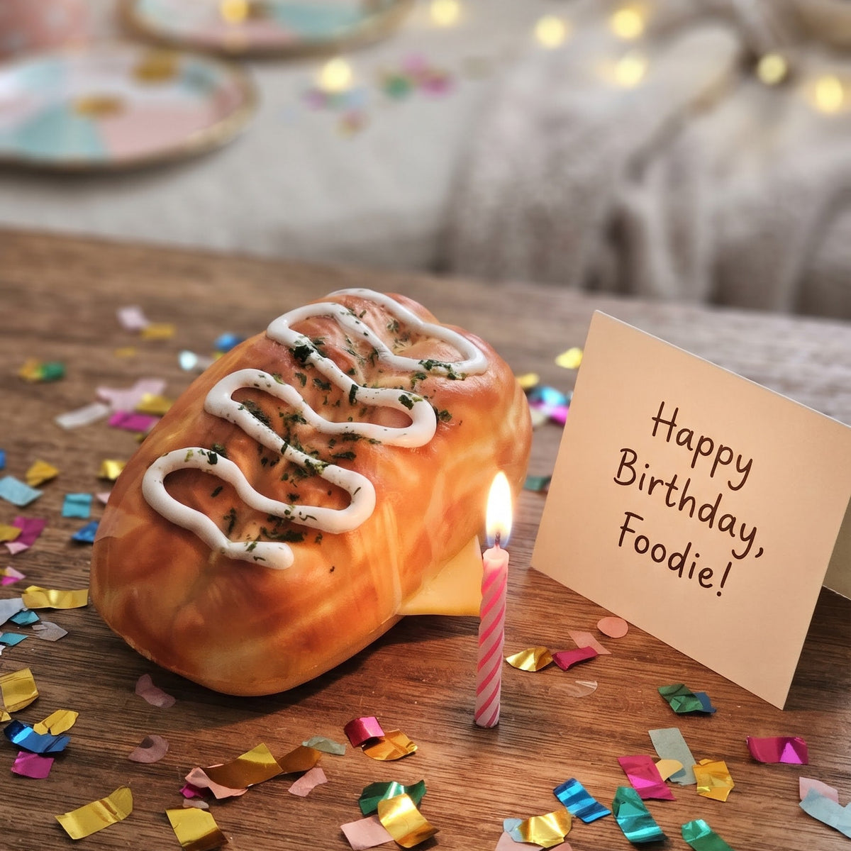 A novelty birthday cake shaped like a bread loaf with white icing drizzle, set on a wooden table with a pink candle, a 'Happy Birthday, Foodie!' card, and scattered confetti. The background is a cozy, softly blurred bedroom scene with warm lights.