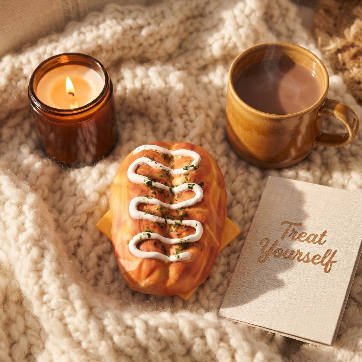A cozy lifestyle scene on a chunky cream knit blanket featuring a gourmet pastry topped with white drizzle and sesame seeds, a lit amber candle, a ceramic mug of hot chocolate, and a small card that says 'Treat Yourself'.
