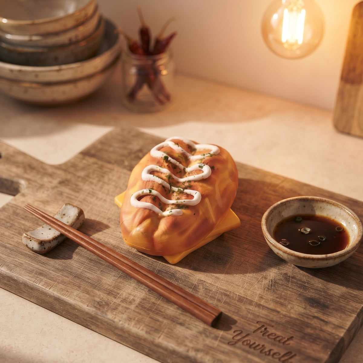 A wooden cutting board with engraved text, holding a small pastry or bread roll topped with white sauce and green garnish, alongside chopsticks and a small bowl of dipping sauce in a warm, softly lit setting.