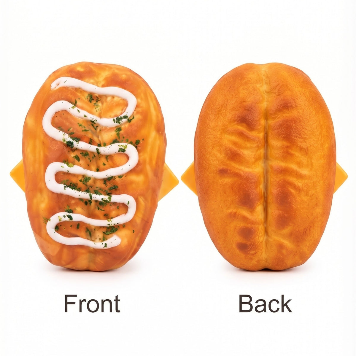 A novelty bread-shaped item shown from both sides on a white background, labeled Front and Back. The front side is golden brown with white zigzag drizzle, green herb garnish, and small yellow side tabs.