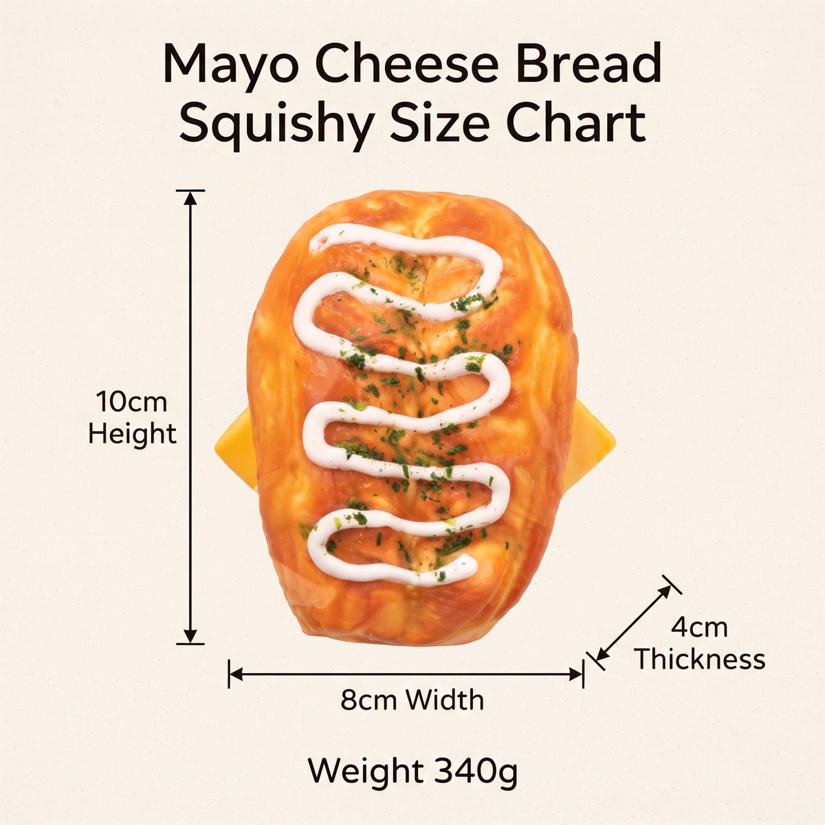 A product dimension graphic for a 'Mayo Cheese Bread Squishy' on a light beige background. The bread is golden-brown with white mayo drizzle and green herb garnish.