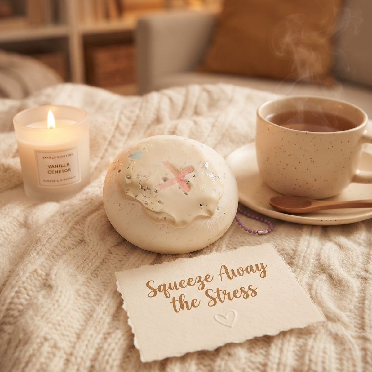 A cozy lifestyle scene on a cream cable-knit blanket featuring a white ceramic stress-relief gem, a lit candle in a glass jar, a steaming cup of tea on a saucer, and a card that reads 'Squeeze Away the Stress'.