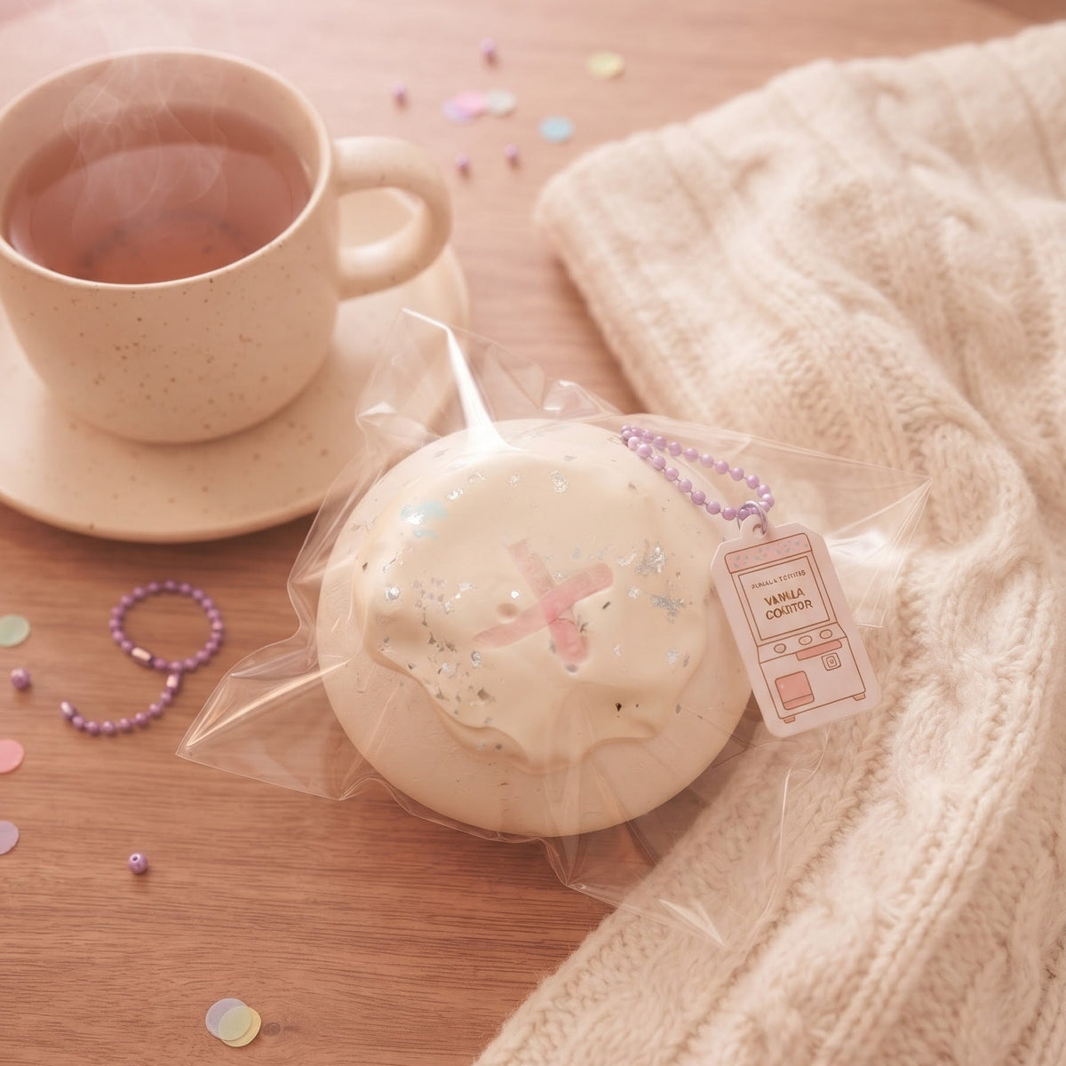 A round, off-white ceramic or resin ornament with a pink airplane design and glittery accents, wrapped in clear cellophane with a small hanging tag. It is styled on a wooden table next to a beige speckled mug, a chunky cream cable-knit sweater, and scattered pastel confetti.
