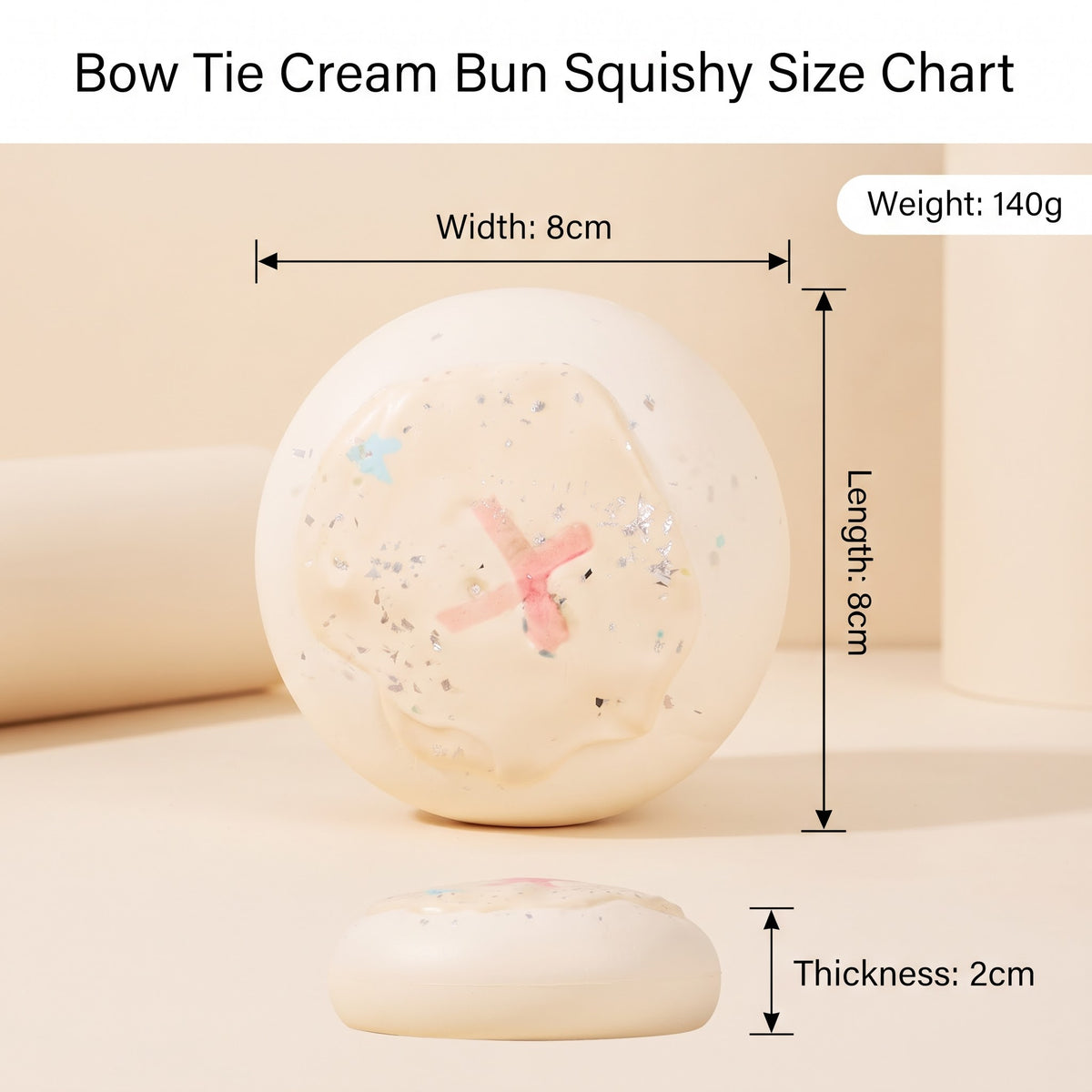 Bow Tie Cream Bun Squishy size chart showing a round cream-colored squishy toy with a pink bow detail, labeled with dimensions: width 8cm, length 86cm, and thickness 2cm, plus a weight of 140g.