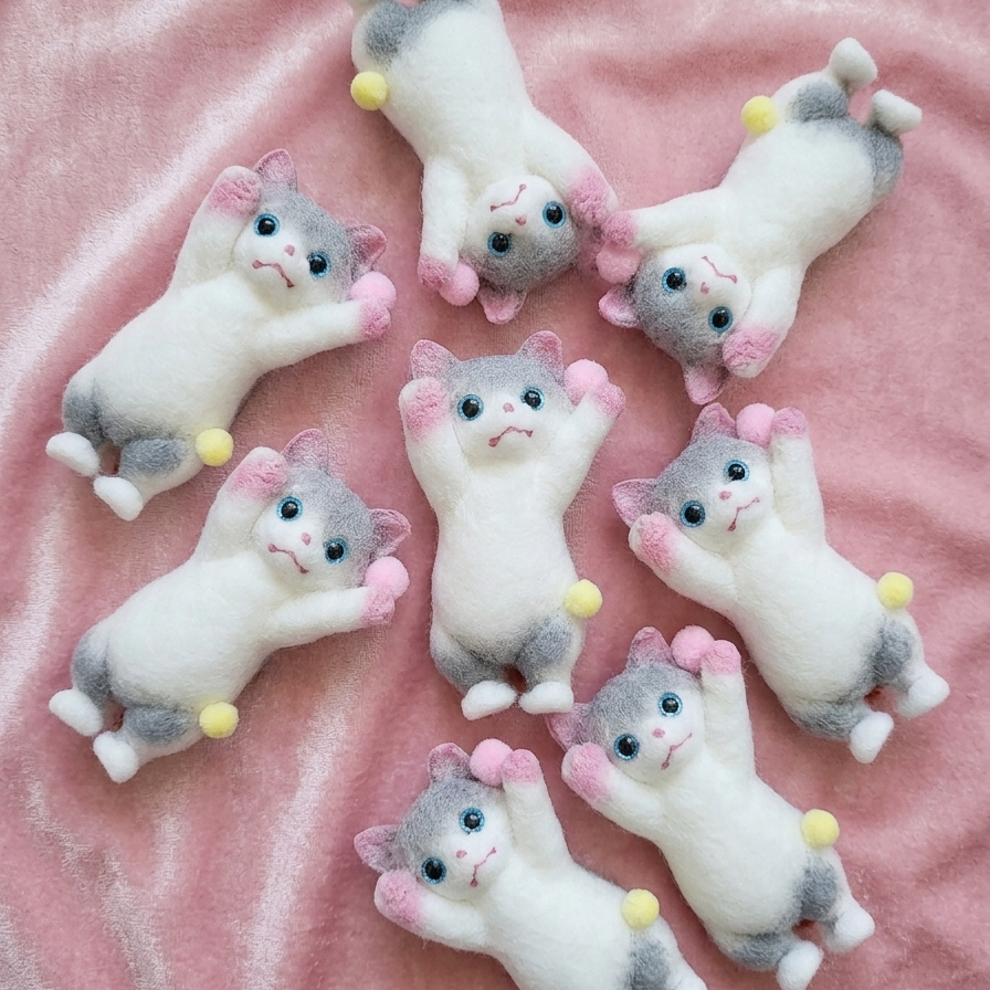 Seven small plush cat figurines with white bodies, gray tails and faces, pink inner ears and cheeks, and small yellow accents, arranged on a pink fabric background.