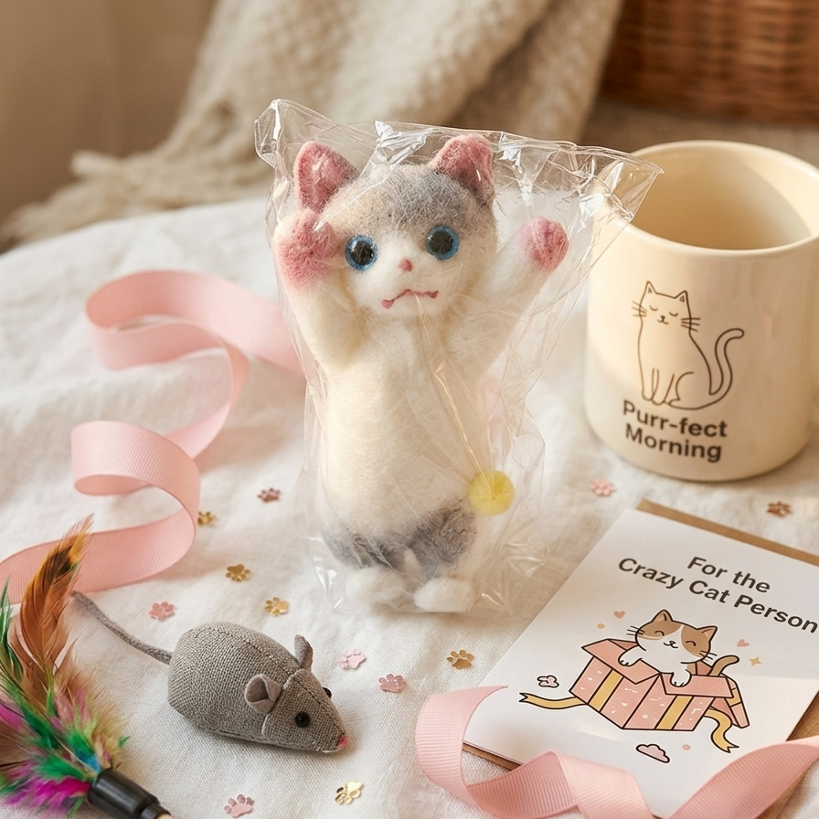 A felt cat toy wrapped in clear plastic stands on a white fabric surface with pink ribbons, a small gray mouse, a feather toy, and a printed card. A cream mug with a cat illustration and the words 'Purr-fect Morning' is visible in the background.