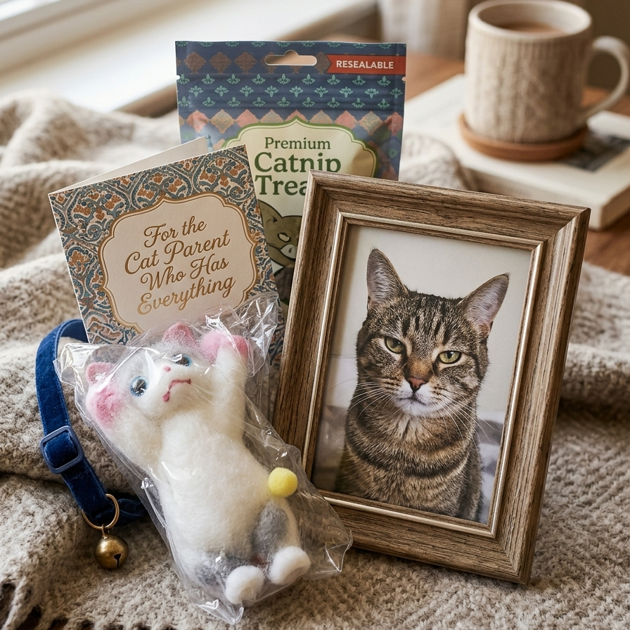A cozy tabletop arrangement featuring a framed portrait of a tabby cat, a plush white cat toy in plastic packaging with a blue collar, a card reading 'For the Cat Parent Who Has Everything,' and a package labeled 'Resilvable Premium Catnip Tree,' all styled on a knitted beige blanket near a window and a mug.
