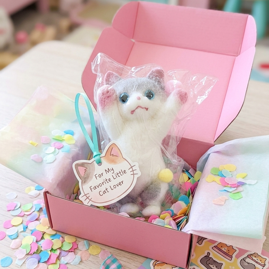 A pink gift box filled with a plush felt cat toy, pastel confetti, a small bow, sticker sheets, and a tissue paper, photographed on a tabletop in a soft, styled setting.