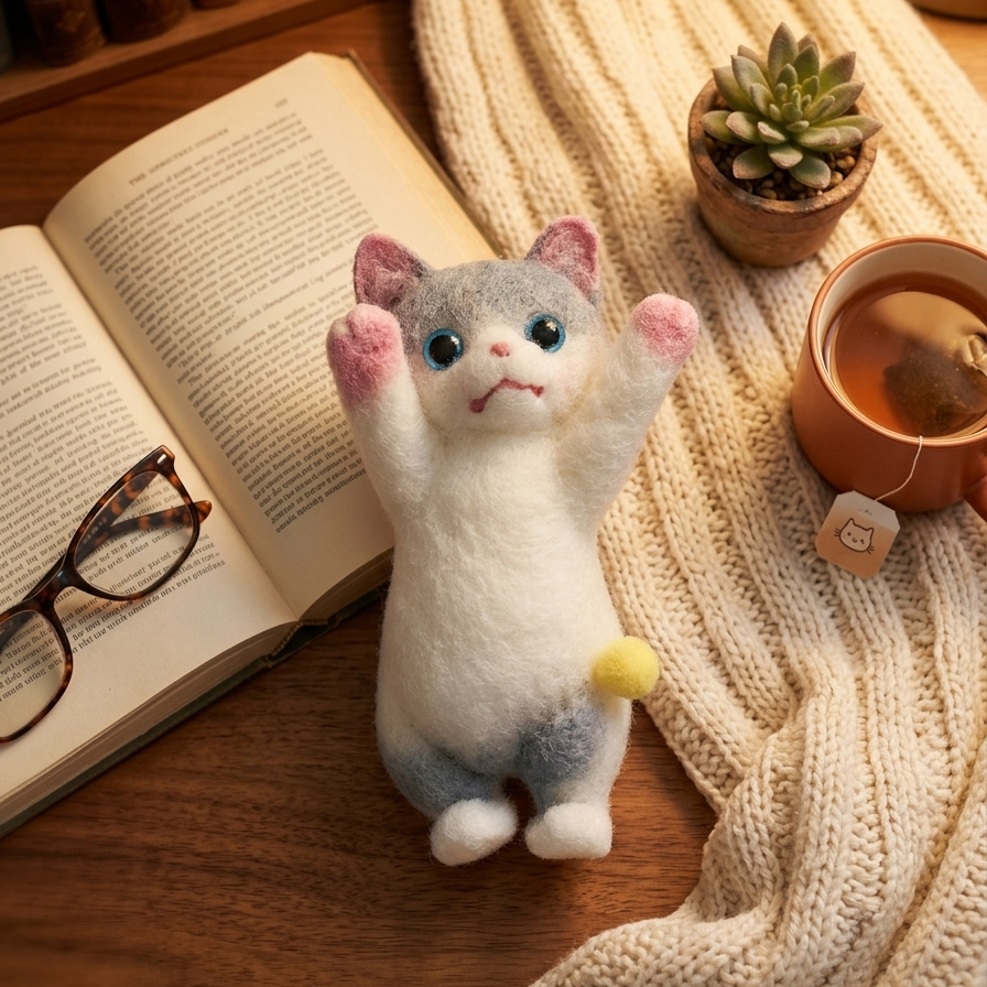 A small felt cat figurine with raised paws sits on a wooden table beside an open book, eyeglasses, a small succulent, and a cup of tea wrapped in a cream knit blanket.