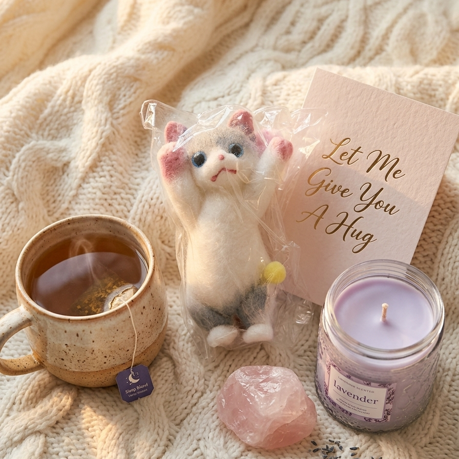A cozy flat-lay featuring a cute felted wool cat figurine in a clear plastic bag, a pink card that reads 'Let Me Give You A Hug', a lavender candle in a glass jar, a pink crystal, and a ceramic mug with tea, all arranged on a cream cable-knit blanket.