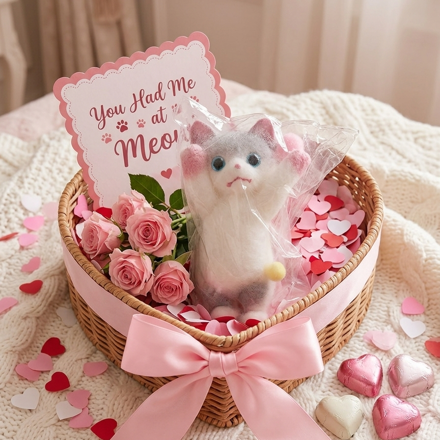 A heart-shaped woven basket gift set on a cream knit blanket, featuring a plush white and gray cat toy, pink roses, pink heart confetti, a pink ribbon bow, and a sign that reads 'You Had Me at Meow'.