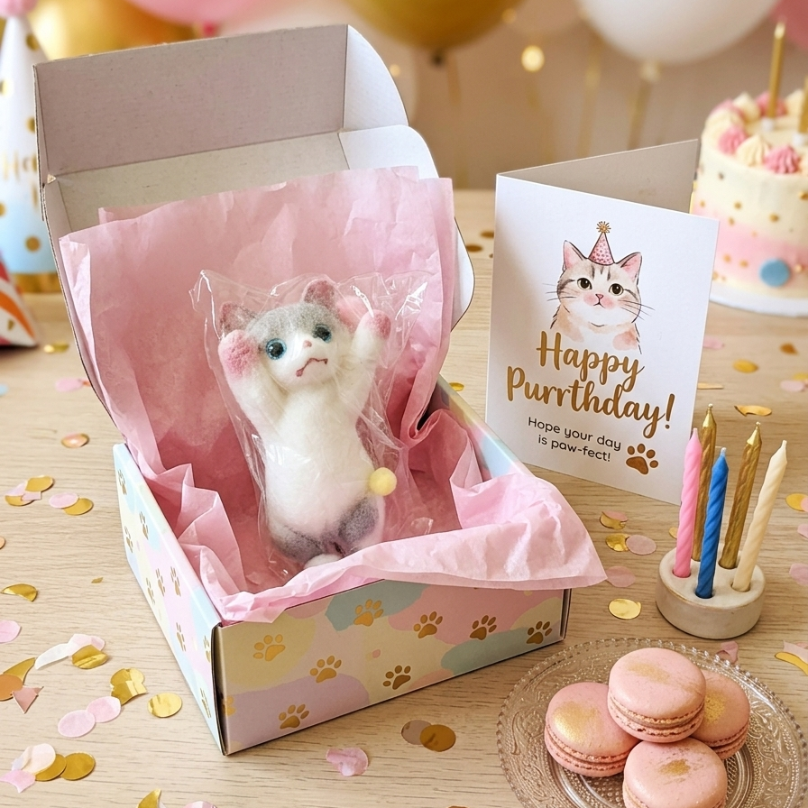 A cute white and gray felt cat figurine sitting in a pink tissue-lined gift box, next to a 'Happy Birthday!' card, pink macarons, and birthday candles on a decorated table with balloons in the background.