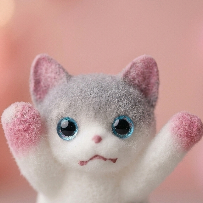 A small felt cat figurine with gray and white fur, pink inner ears and paws, and large glossy blue eyes, posed with both paws raised against a soft pink blurred background.