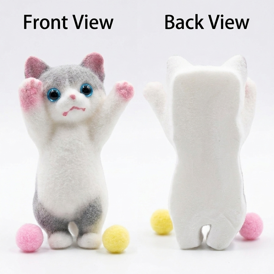 A felt cat plush toy shown from both front and back views on a white background, with text labels 'Front View' and 'Back View'. The front shows a gray and white cat with pink ears and paws, blue eyes, and a pink stitched mouth.