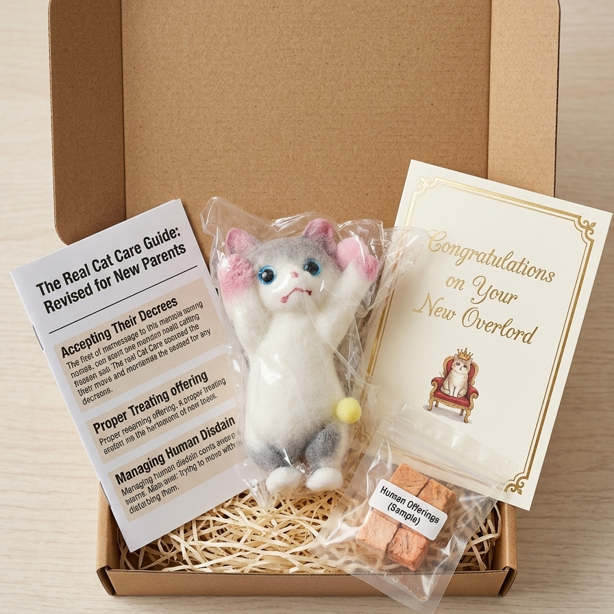 A cardboard gift box contains a small plush cat dressed as a human with pink ears and blue eyes, surrounded by printed cards and instructions. One card reads 'Congratulations on Your New Overlord,' and another says 'The Real Cat Care Guide: Revised for New Parents.