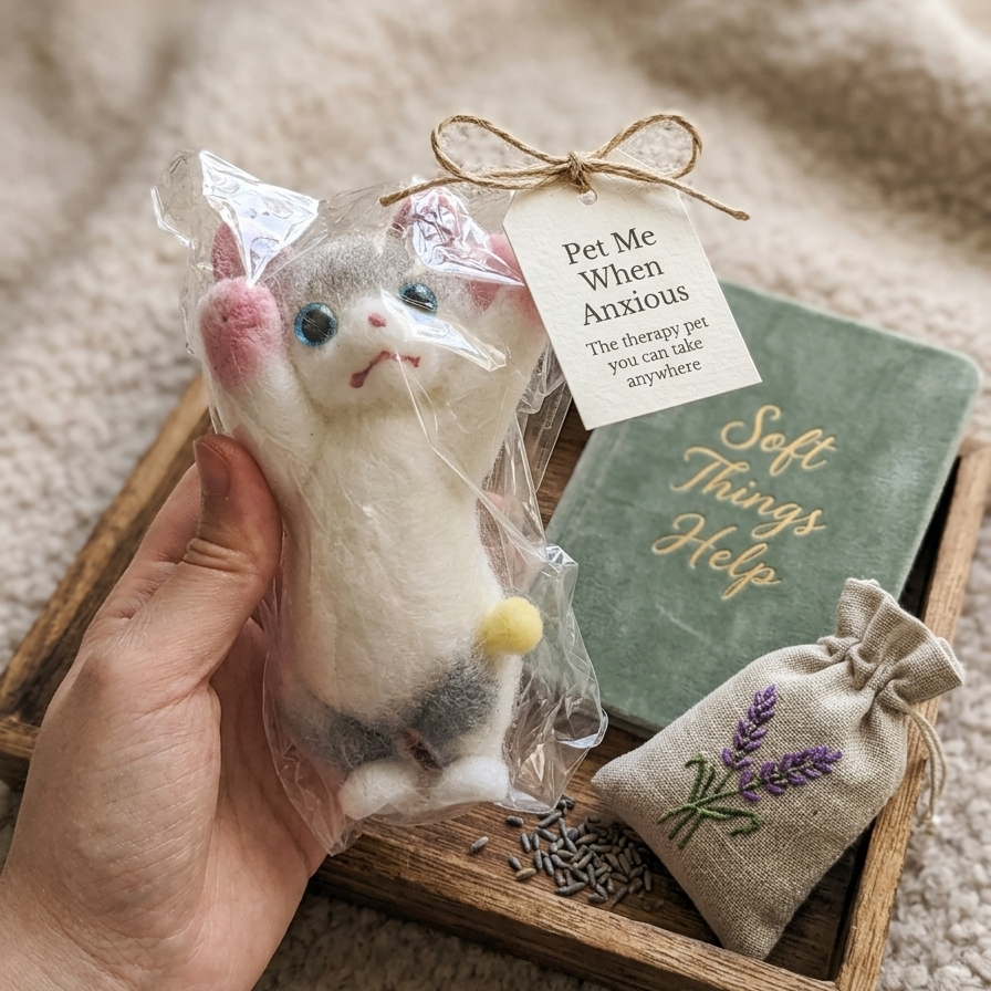 A hand holds a felted animal pet toy shaped like a white cat with gray and pink details, wrapped in clear plastic with a tag that reads 'Pet Me When Anxious.' The scene is styled on a wooden tray with a green book, a small lavender sachet, and soft neutral textiles in the background.