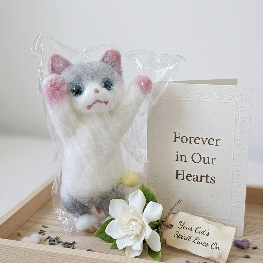 A needle-felted cat figurine wrapped in clear plastic, displayed on a wooden tray beside a white card that reads 'Forever in Our Hearts' and a small tag reading 'Your Cat's Spirit Lives On'.