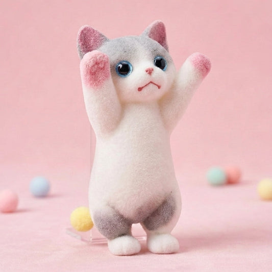 A cute needle-felted cat figurine standing on its hind legs with its paws raised, set against a soft pink background with small pastel balls scattered around.