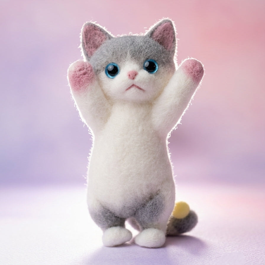 A cute needle-felted cat figurine standing on its hind legs with its paws raised, featuring a white and gray body, pink inner ears and paws, and large blue eyes, set against a soft pink and purple gradient background.