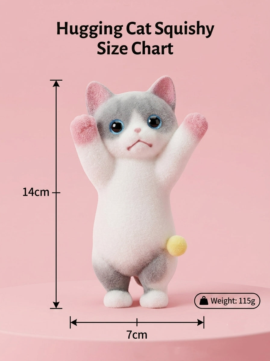 A pink product graphic showing a small hugging cat plush with measurement arrows and text reading 14cm height, 7cm width, and weight 115g.