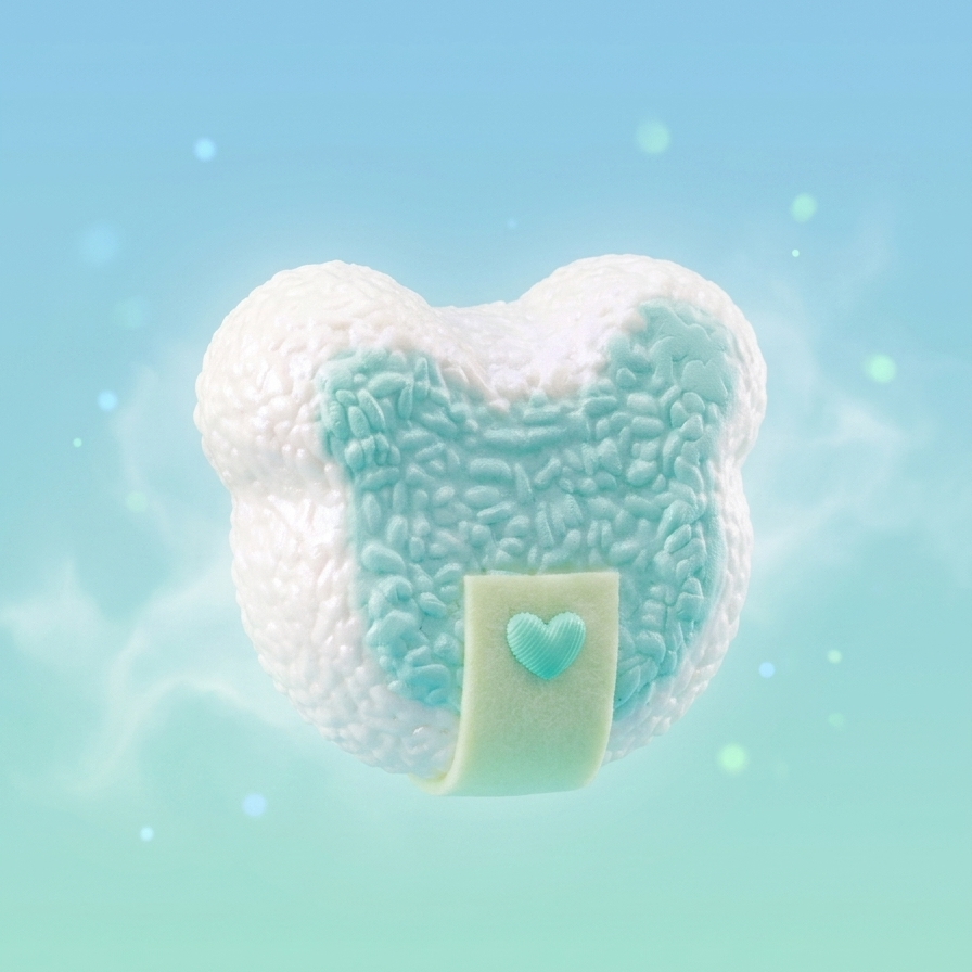 A 3D-rendered white and mint green bear-shaped plush toy or pillow with a small pale yellow front tab featuring a mint green heart, floating against a soft blue and mint gradient background with faint sparkles.