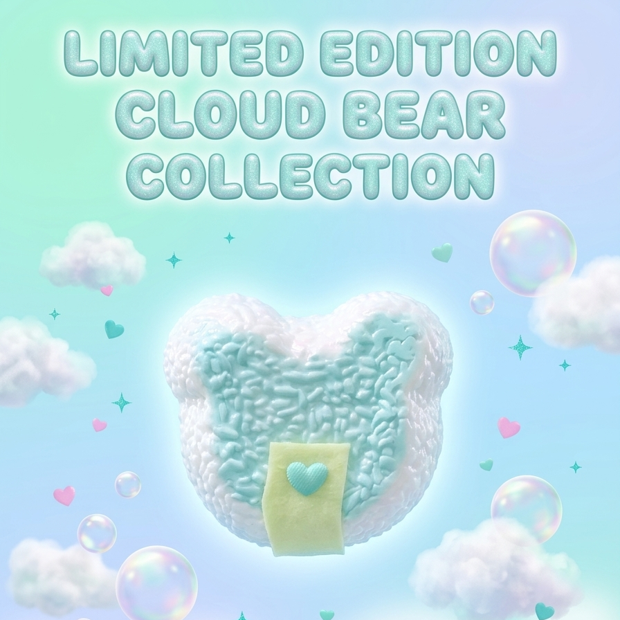 A pastel promotional graphic with the text 'LIMITED EDITION CLOUD BEAR COLLECTION' above a fluffy cloud-shaped plush or toy in white and light blue with a pale yellow band and small blue heart detail, surrounded by clouds, bubbles, and stars on a soft blue background.