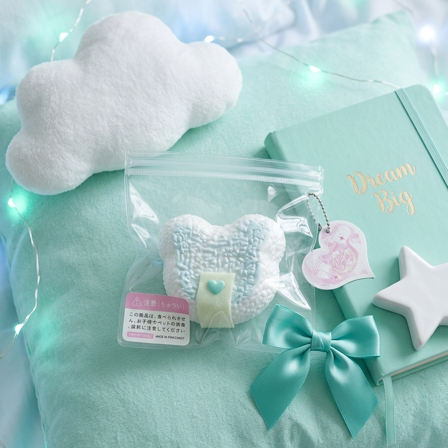 A styled flat-lay featuring a mint green notebook with gold 'Dream Big' lettering, a mint green satin bow, a white plush cloud toy, and a small packaged heart-shaped item on a mint pillow with fairy lights.